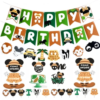 Баннер для вечеринки в честь дня рождения Disney Jungle с Микки и Минни Маус, украшение для торта, украшение для вечеринки в честь дня рождения ребенка, набор принадлежностей для вечеринки в честь детского душа