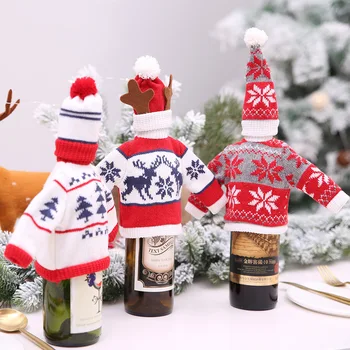 Новый Рождественский чехол для свитера для бутылки вина с набором шляп, Санта-Олень, Снеговик, сумка для бутылки вина для рождественской вечеринки