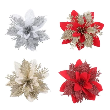 5шт 14 см Рождественские блестящие цветочные украшения Пуансеттия Зажимы Стебли Венок G5AB