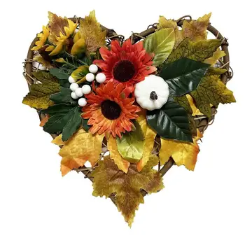Осенний дверной венок, венок из искусственных кленовых листьев, Подвесной на двери в форме сердца, Сезонный орнамент, декор в виде венка на День благодарения