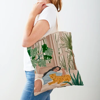 Сумка для покупок Leopard Cactus Monstera с двойным принтом, повседневные сумки для покупок в скандинавском стиле, женская холщовая сумка-тоут с листьями и цветами, женская сумка-мессенджер