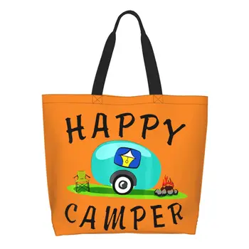 Симпатичная сумка для покупок в кемпинге Happy Camping Trailer, сумка для покупок из переработанного холста, сумка для покупок через плечо