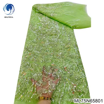 2023 Французское Зеленое кружево Роскошной ручной работы из Нигерийского бисера, Тюлевая ткань, блестки, материалы для вышивки Ткань ML75N658