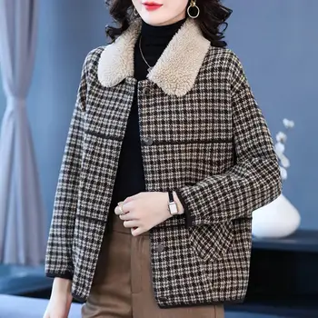 Женское пальто, винтажное пальто в клетку с мягким отворотом, Длинный рукав, Двусторонняя вязаная куртка, Женская осенне-зимняя модная теплая женская куртка