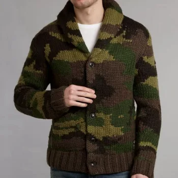 Новый мужской камуфляжный жаккардовый свитер, кардиган с лацканами, вязаная куртка, однобортное зимнее толстое пальто, винтажная верхняя одежда, трикотажные изделия 3XL