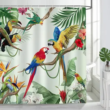 Занавеска для душа с тропической птицей, Попугаем, Туканом, Зелеными листьями, растениями, цветами, бабочками, тканевыми занавесками для ванной, декор для ванной комнаты с крючками