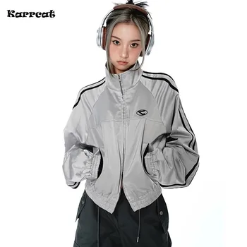 Karrcat Cyber Y2k Серебряная куртка Винтажная Светоотражающая Технологичная одежда Гранжевая эстетика Пальто на двойной молнии Спортивная Уличная одежда в Корейском стиле