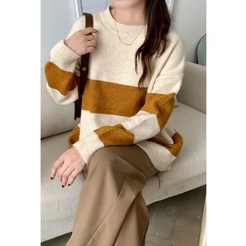 2023 Вязаный свитер с круглым вырезом для женщин, новый ретро Контрастный цвет, Дизайнерский стиль, Ниша, Свободная верхняя одежда, пуловер с длинными рукавами, топ