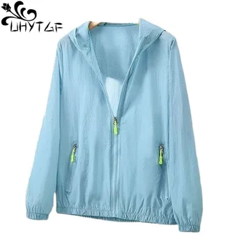 UHYTGF Куртка, Женская одежда, Модная пара из ледяного шелка, Тонкое солнцезащитное пальто, Женская верхняя одежда большого размера с капюшоном 7XL 2729