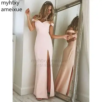 Сексуальное Простое вечернее платье 2023 с открытыми плечами Розовое Длинное вечернее платье с разрезом сбоку на заказ Плюс Размер