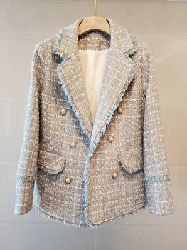 Новое поступление, осенний блейзер для подиума, женский клетчатый твидовый пиджак, двубортное пальто с жемчугом и кисточками, верхняя одежда, Casacos