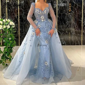 Элегантное светло-голубое вечернее платье с бисером, длинный рукав, съемный шлейф, большие размеры, сшитые на заказ Арабские официальные свадебные платья для выпускного вечера