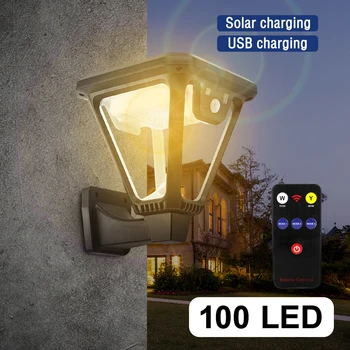 100 Светодиодный солнечный фонарь, уличные солнечные настенные светильники, 2 цвета, освещение под углом 360 °, солнечные фонари с датчиком движения, газонные фонари с USB-зарядкой