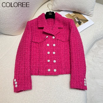 Корейский Модный Розовый Твидовый Блейзер, куртка для женщин, Осень-зима, Роскошное Дизайнерское шерстяное пальто бренда Abrigo Mujer Invierno 2023