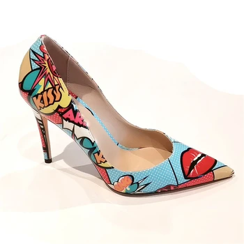 Женская обувь из лакированной кожи большого размера 35-45 в стиле граффити На тонком каблуке, Пикантная женская обувь с острым носком, модный показ Sapatos Feminino