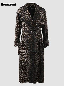Осенний женский тренч Нерадзурри удлиненного размера с леопардовым принтом, с высоким разрезом сзади, двубортный по европейской моде