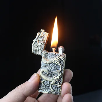 Креативная керосиновая зажигалка с китайским драконом с двусторонней гравировкой, металлическая зажигалка с тонким шлифовальным кругом