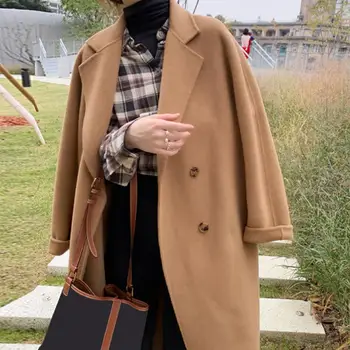 Мягкое теплое женское пальто, женское пальто в деловом стиле, стильное женское зимнее шерстяное пальто, длинный двубортный тренч с воротником-лацканом