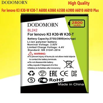 DODOMORN BL242 Аккумулятор для lenovo K3 K30-W K30-T A6000 A3860 A3580 A3900 A6010 A6010 Плюс Высокое Качество + Номер для отслеживания