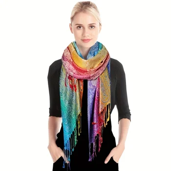 Модный женский жаккардовый шарф, роскошная атласная шаль, обертывания Градиентных цветов, акриловая пашмина