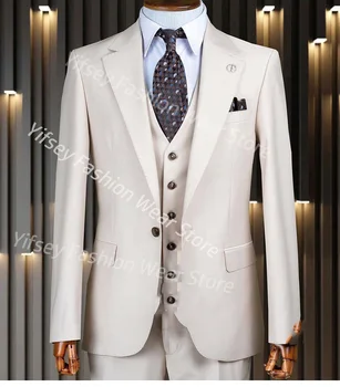 Элегантный комплект белого мужского костюма, роскошный дизайнер одежды, бойфренд, Приталенный мужской блейзер, платье для свадебной церемонии, 3шт Куртка, Брюки, жилет